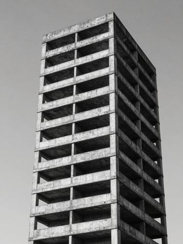 Extreme wide environmental shot of a brutalist concrete tower against a flat overcast sky, sharp geometric shadows, high contrast monochrome.