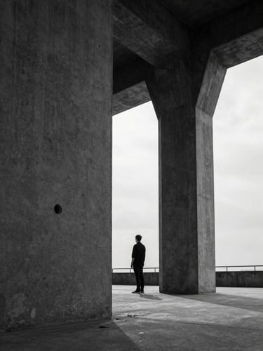 Extreme wide environmental framing, a figure standing near a concrete brutalist pillar under overcast daylight, deep shadows, monochrome.