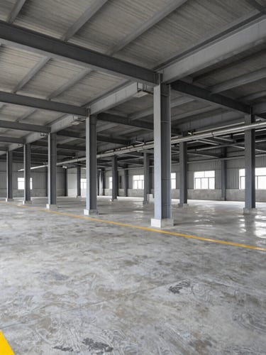 Wide-angle architectural shot of a newly renovated industrial warehouse interior, clean concrete floor, yellow safety lines, structural steel columns, bright daylighting