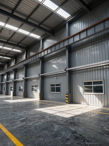 Wide-angle shot of a modern organized industrial warehouse interior, high-contrast daylight streaming through windows, yellow safety lines painted on floor