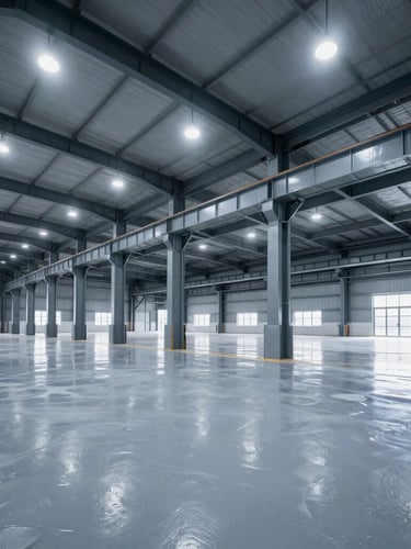 Wide-angle architectural shot of a massive modern industrial warehouse interior, newly painted epoxy floor reflecting bright overhead lights, structural steel beams visible, clean and professional.