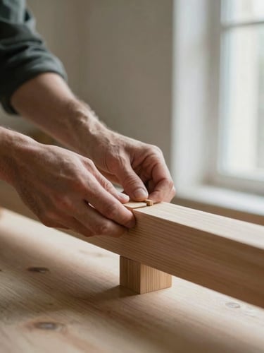 Medium format portrait of a craftsman's hands carefully aligning a solid wood joint, soft natural window light, warm timber tones, clean architectural workspace.