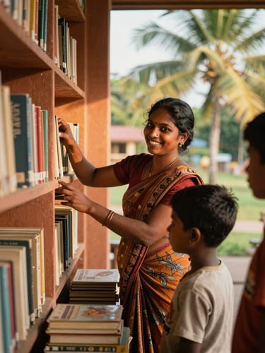 A local Sri Lankan woman smiling warmly as she arranges books with children in a bright, terracotta-walled library space, tropical golden-hour sunlight, authentic documentary style.