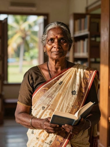 Medium environmental portrait of a Sri Lankan widow standing proudly inside a sunlit library, holding a book, warm natural lighting, 35mm lens