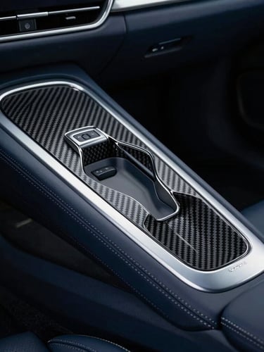 Close-up of a premium carbon fiber interior trim installed in a modern sports car, dramatic studio lighting, sharp focus, silver accents