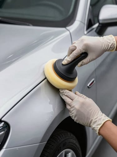 Hands in nitrile gloves applying a ceramic coating to a silver car panel with a foam applicator, diffused studio light, extreme close-up isolating the applicator edge and the wet gloss trail on the paint, no people visible above the wrists