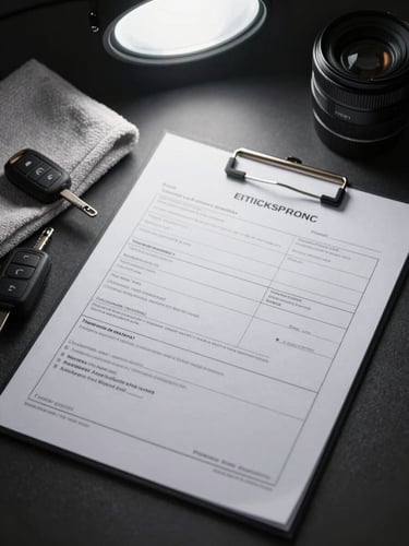 Overhead close-up of a printed vehicle inspection report on a dark matte surface beside car keys and a folded microfiber cloth, cool studio light from above, minimal composition, sharp focus on the document