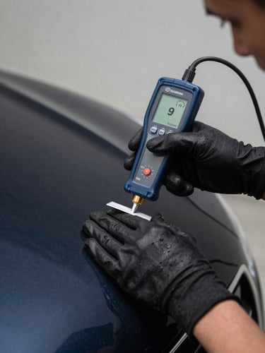 Extreme close-up overhead of a technician's gloved hands using a paint depth gauge on a dark navy car hood, soft diffused studio light, clinical neutral background, sharp focus on the instrument contact point