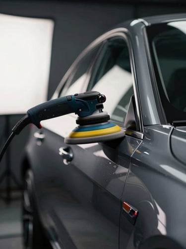 Close-up side view of a dual-action polisher working a dark grey car panel, concentric light reflections visible in the clear coat surface, soft studio diffusion light from the left, shallow depth of field, no human face visible