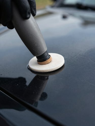 Macro close-up of gloved fingertips pressing a ceramic coating applicator pad against a black car bonnet, liquid coat spreading in a thin even film, cool north-facing daylight, extreme detail on the liquid texture and paint gloss