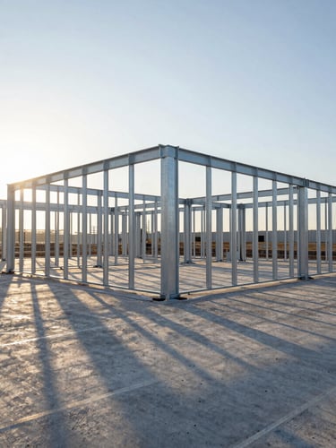 Wide-angle view of a meticulously organized construction site at golden hour, exposed structural steel framing, low sun casting sharp shadows, no people visible, clean lines, high-contrast industrial tones.