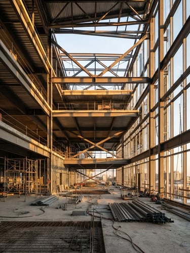 Wide panoramic shot of a modern commercial building interior under construction, exposed structural steel framing at golden hour, sharp morning light creating high-contrast architectural shadows, clean lines, wide-angle lens, 35mm, no people.