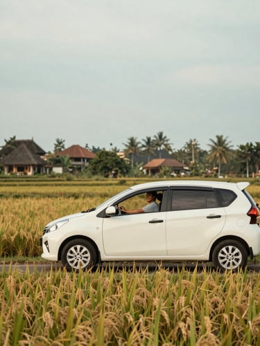 Clean white Daihatsu Xenia car parked by a rice paddy field in Ubud, Bali, driver standing by the car smiling, soft overcast daylight, muted green and sandy tones, wide environmental shot