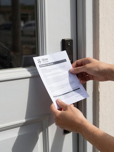 A close-up of a hand placing a clean marketing flyer onto a modern residential front door handle, bright afternoon daylight, street-level perspective, 35mm
