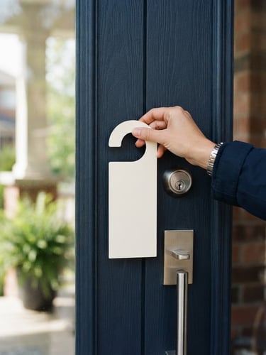 Crisp 35mm street-level photograph of a hand placing a clean printed door hanger onto a modern residential front door, bright morning daylight, tight close-up.