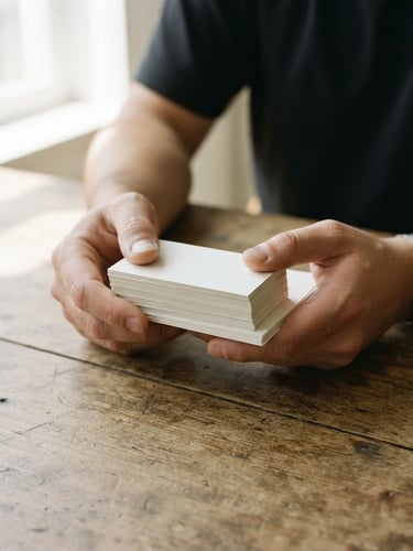 A close-up of hands holding a neatly printed stack of business cards and flyers on a wooden table, bright natural afternoon light, 35mm