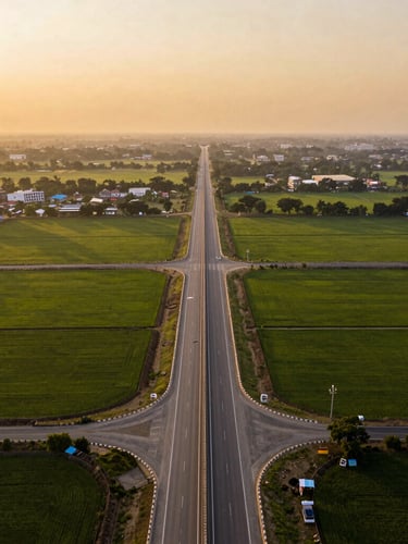 Wide environmental landscape of Phagwara bypass road, newly cleared geometric plot boundaries under warm golden hour sunlight, conveying premium investment potential.