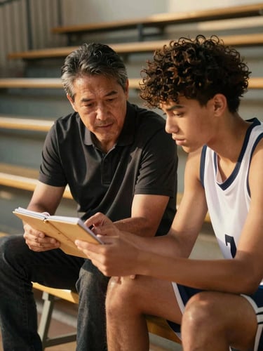 A medium shot of a professional mentor and a young basketball player reviewing a notebook together on the court bleachers, warm golden hour light.