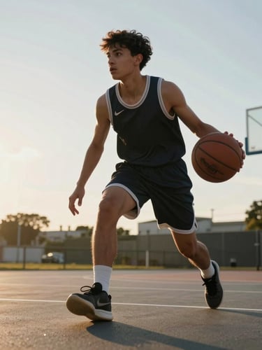 Low-angle dynamic shot of a young basketball player mid-dribble on an outdoor court, focused expression, golden hour natural light, sharp movement.