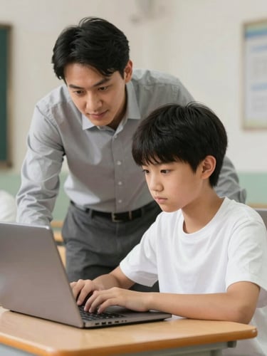 A focused young student sitting at a desk in a brightly lit classroom, working on a laptop with a mentor guiding them from behind.