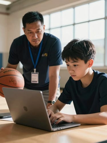 A focused teenager analyzing a laptop screen next to a basketball coach in an Oakland community center, high-contrast natural window light.