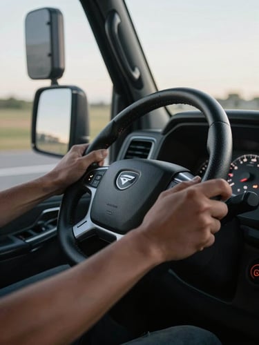 Close-up of a professional driver's hands firmly on a modern truck steering wheel, dashboard lights glowing in the early morning, high-contrast daylight