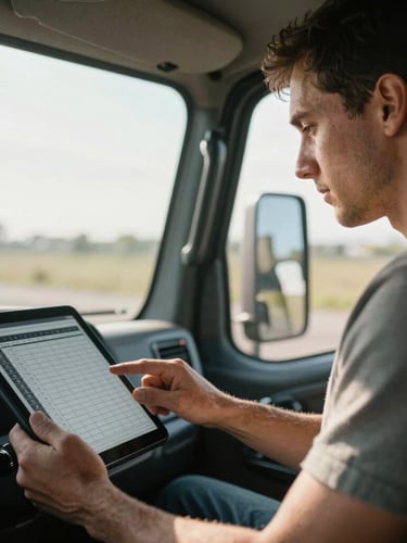 Close-up of a professional truck driver in a clean cab, looking at a digital tablet schedule, warm morning light, high contrast