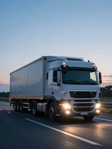 Wide environmental shot of a heavy-duty semi-truck driving on the Autobahn at early morning blue hour, headlights casting a bright glow, asphalt wet, cinematic composition.