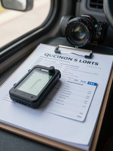 Macro close-up of a professional driver logbook and digital tachograph card resting on a clean clipboard inside a truck cabin, sharp focus, technical atmosphere, natural daylight.