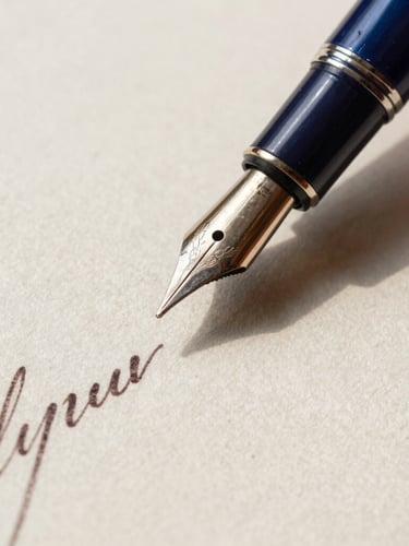 Macro close-up of a fountain pen resting on heavy textured cotton paper with elegant cursive script, sharp focus, high-contrast shadows, warm travertine and deep navy tones.