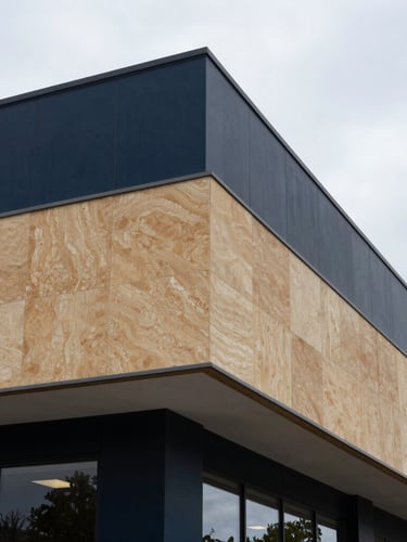 Architectural detail of a modern commercial structure with sharp geometric shadows, overcast daylight, 35mm