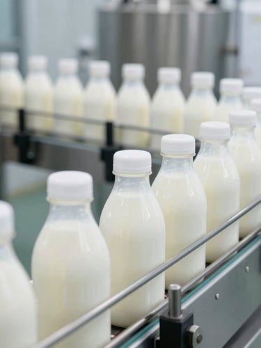Medium shot of sealed milk bottles moving on a clean conveyor line inside a bright, modern dairy plant, clinical daylight