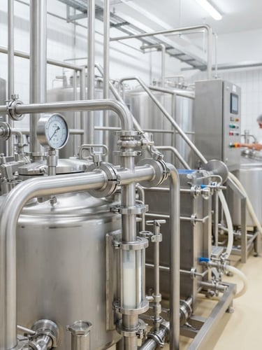 Bright high-key industrial photography, clean stainless steel dairy equipment, fresh white and cream tones, crisp studio light, 50mm