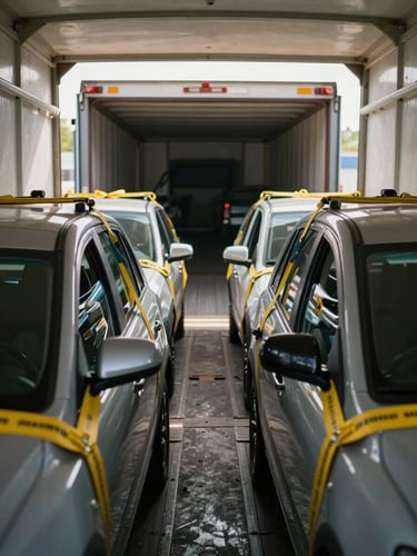 Close-up interior of an enclosed car carrier truck, two vehicles strapped in organised rows with yellow tie-down belts, natural daylight entering from the rear ramp, concrete loading bay visible beyond, calm and methodical atmosphere