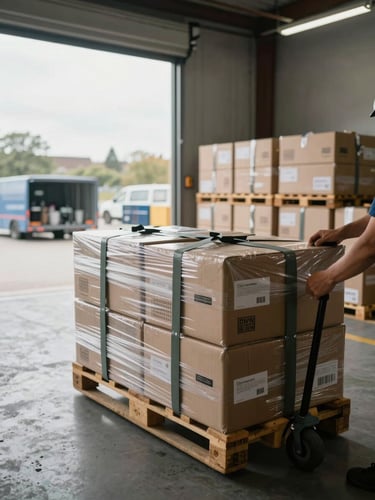Wide shot inside a loading bay, natural overcast daylight streaming through open warehouse doors, a crew member's hands securing straps across stacked sealed cartons on a pallet trolley, organized rows of labeled boxes visible in the background