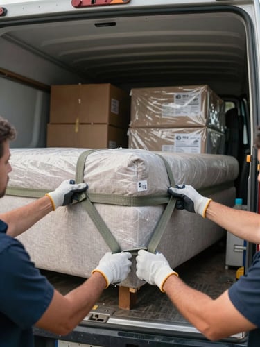 Overhead close-up framing inside a moving truck, two workers' hands in work gloves strapping a wrapped sofa corner with ratchet belts, stacked sealed cartons labeled in background, natural daylight from open truck doors, organized cargo arrangement visible, competent-and-calm mood