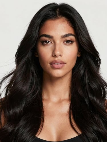 High-fashion portrait of a diverse woman showcasing long, voluminous, glossy black hair with natural movement, soft studio lighting, clean white background, 85mm