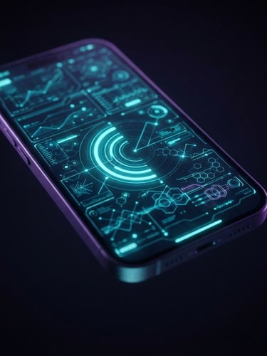 Sleek high-fidelity iPhone app mockup displaying clean cybernetic data visualizations, dark gray aluminum casing, neon cyan glowing interface lines, macro depth of field, floating in dark negative space.