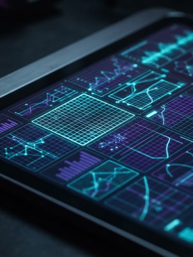 Macro close-up of a sleek aluminum device screen displaying clean data visualization grids, neon cyan and deep violet reflections, dark moody studio lighting.