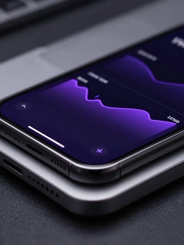 Macro close-up of a sleek aluminum workspace, an iPhone showing clean dark-mode interface analytics charts with neon violet highlights, moody studio lighting