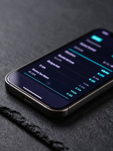 Macro product photography of a sleek titanium smartphone on a dark slate desk, displaying a clean data visualization interface with sharp cyan accent lines, low-key lighting