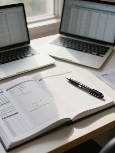 Wide shot of an open desk surface under natural window light, a mileage log notebook annotated in pen beside a laptop showing a spreadsheet, tax forms visible at the edge, no people