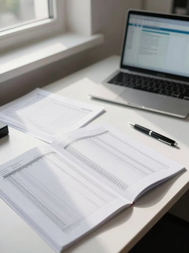 Wide-angle corner of a tidy UK accounting office desk, open tax return documents and a mileage log spread across the surface, daylight streaming through a window to the left, a laptop screen glowing with a spreadsheet, pen resting on paper