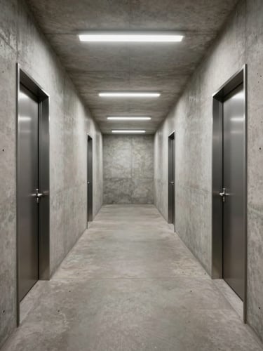 Wide environmental shot of a multi-room underground corridor junction, poured concrete walls with flush steel door frames on both sides, cool studio lighting from recessed ceiling strips casting even illumination, no people, no signage, precise architectural symmetry, full room legibility