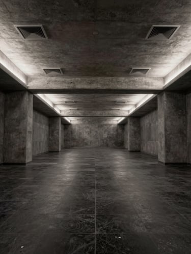 Wide environmental shot of a completed underground room interior, cool studio strobe lighting, precise bilateral symmetry — exposed concrete ceiling integrated with flush climate control vents and recessed linear lighting, polished dark stone flooring, no occupants, full-room legibility, graphite and obsidian tones, no warm cast