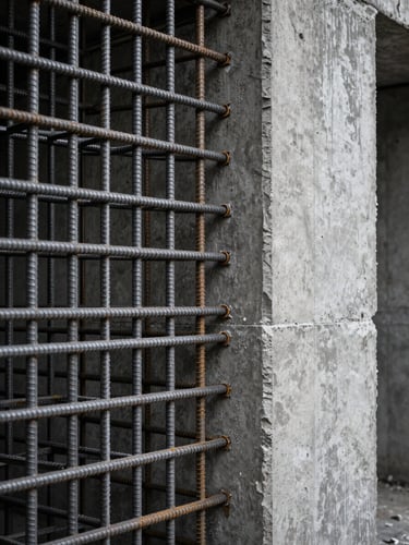 Tight architectural detail of a reinforced underground wall section under cool studio lighting — steel rebar lattice embedded in formed concrete, surface texture sharp and precise, close framing emphasising material junction and structural depth, no human elements, graphite palette, overcast studio strobe