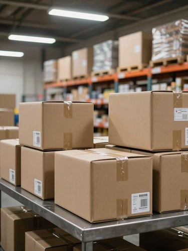Medium wide shot of an organized warehouse packing station, cardboard boxes sealed and labeled on a steel work table under cool overhead fluorescent lighting, shelving units with sorted inventory visible in the background, no people, clean operational environment