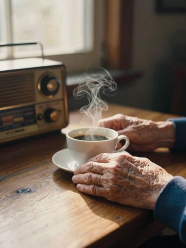 Hands of an elderly person resting on a polished wooden table next to a steaming cup of coffee, warm golden-hour light streaming through a window, peaceful atmosphere