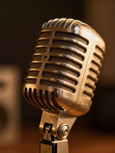 Macro shot of a vintage gold-toned microphone in a dimly lit studio, warm amber backlight reflecting off metallic textures, shallow depth of field