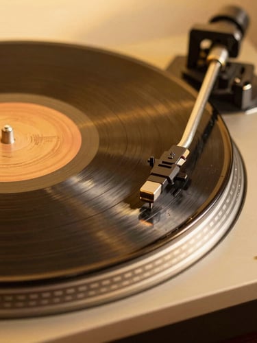 Close-up of a vintage vinyl record spinning on a modern turntable, warm golden-hour light catching the grooves, rich amber and gold tones